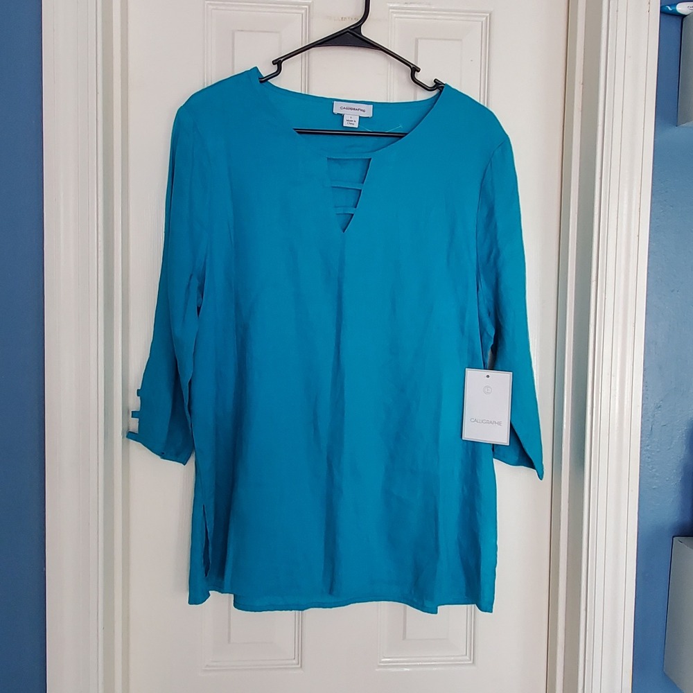 Calligraphie 100% Linen Tunic Top Turquoise‎ Blue 3/4 Sleeve Cutout Casual Large